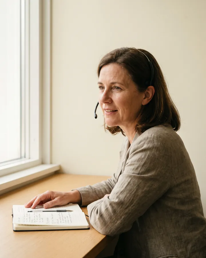 Vera Nakashima at her desk, wearing a headset and taking notes by a window.