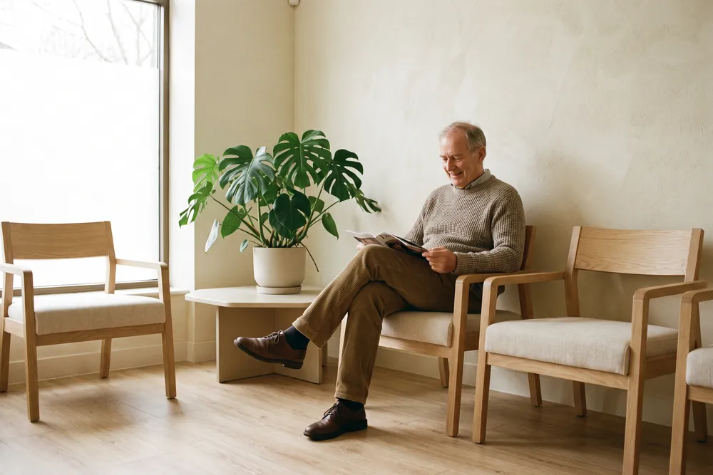 A quiet hospital waiting area with a man in his sixties reading in a wooden chair by a window.