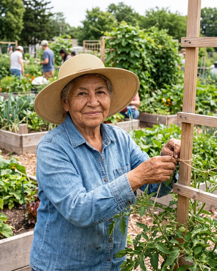Yolanda Reece-Padgett in a sunhat, tying up a tomato vine in a community garden.