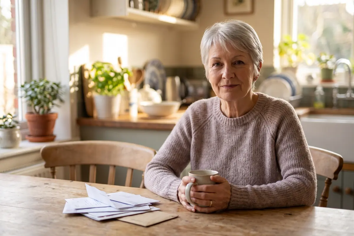 A woman in her sixties sitting at her kitchen table with a cup of tea and a small stack of opened mail, looking calmly at the camera.