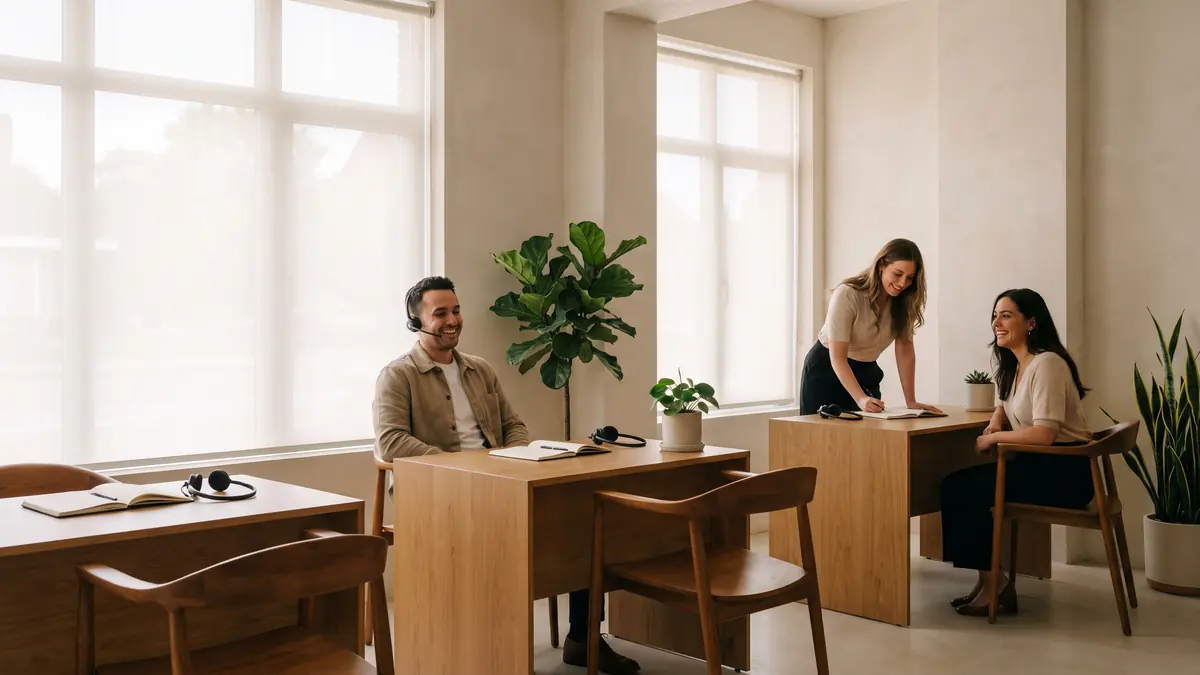 The Plainspoken Medicare office: three wooden desks by tall windows, plants, and advisors at work.