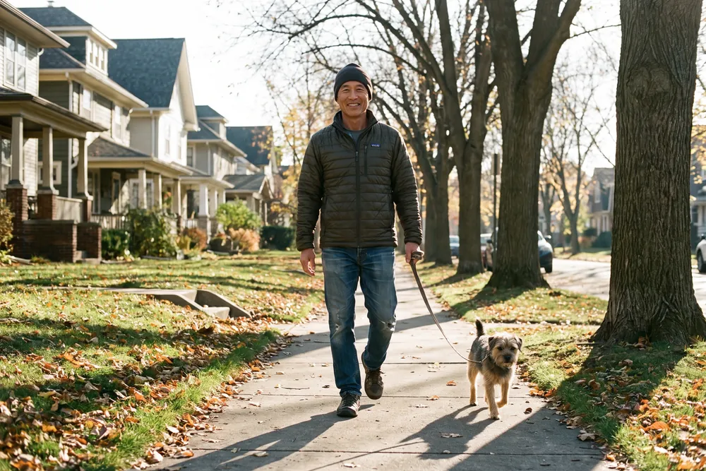 A man in his seventies walking a small terrier along a quiet tree-lined sidewalk on a bright morning.