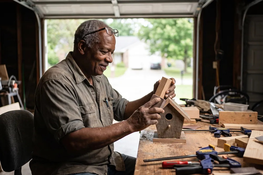 Dale Brubaker sanding a wooden birdhouse in his garage workshop.